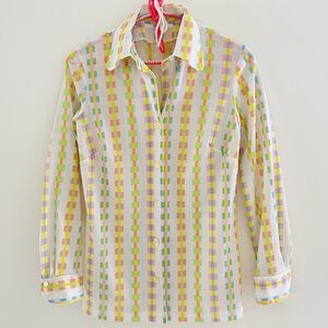 Vintage 70s Mesh Nylon Button Down Blouse Retro Mod Pastel Geometric Shirt S